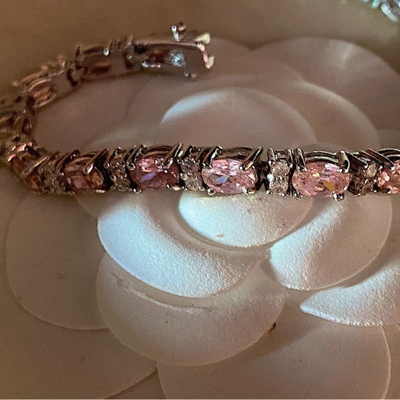 White and pink CZ silver tone tennis bracelet 7.5”